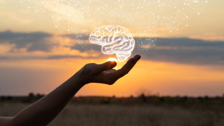 A woman holds an image of a brain in the palm of her hand in front of the sun. Image demonstrates how weight loss is more than just physical.